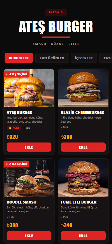 Ateş Burger sipariş sistemi, telefonda görünen menü ekranı