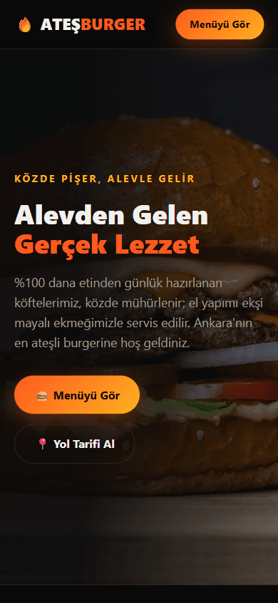 Ateş Burger web sitesi, telefonda görünen ana ekran
