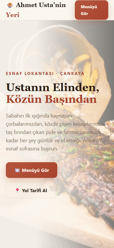 Ahmet Usta'nın Yeri web sitesi, telefonda görünen ana ekran