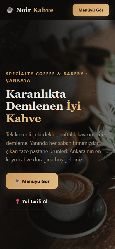 Noir Kahve web sitesi, telefonda görünen ana ekran